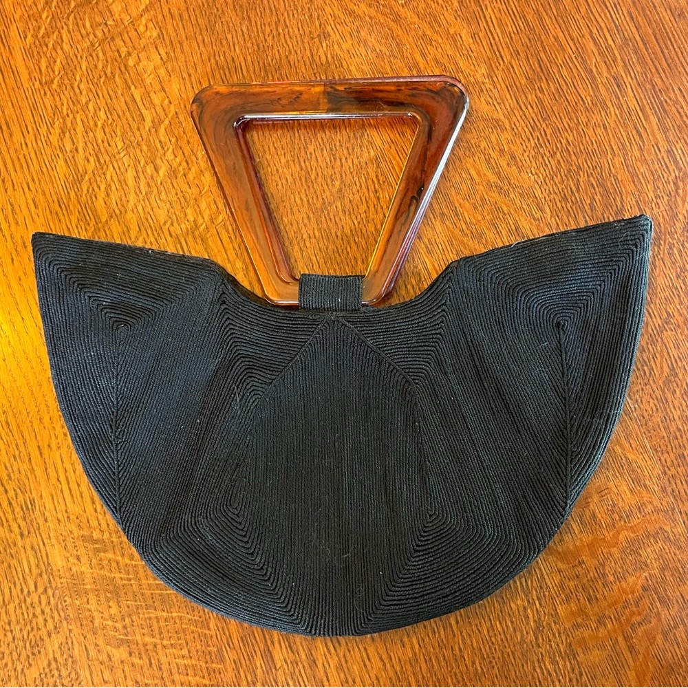 Vintage Designer Black Cordé Handbag with Tortoiseshell Bakelite Handle